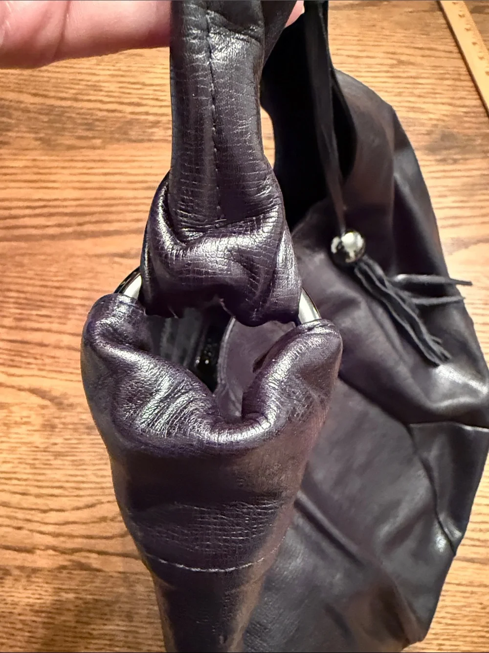 Furla Italian Leather Slouchy Hobo Shoulder Bag Black Tassel Large